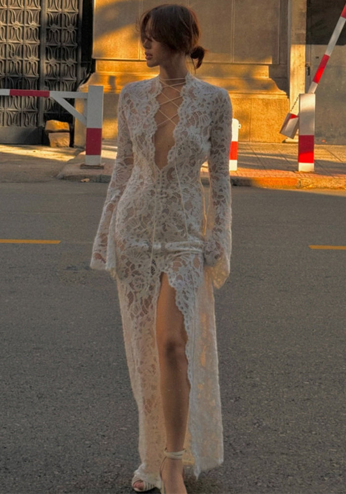 Autumn Sexy Lace Patchwork Fashion Street Slit Long Sleeve Dress