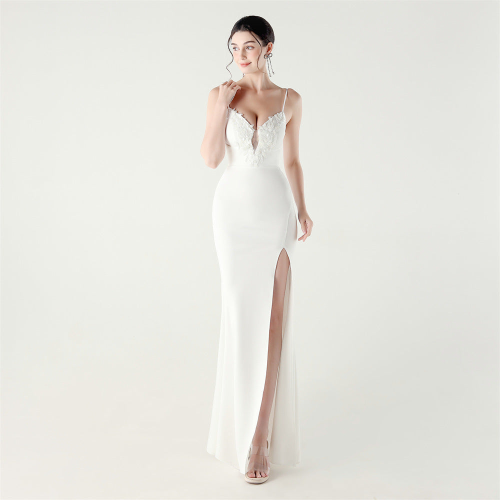 Women applique fishbone lace-up dinner party fishtail evening dress 15