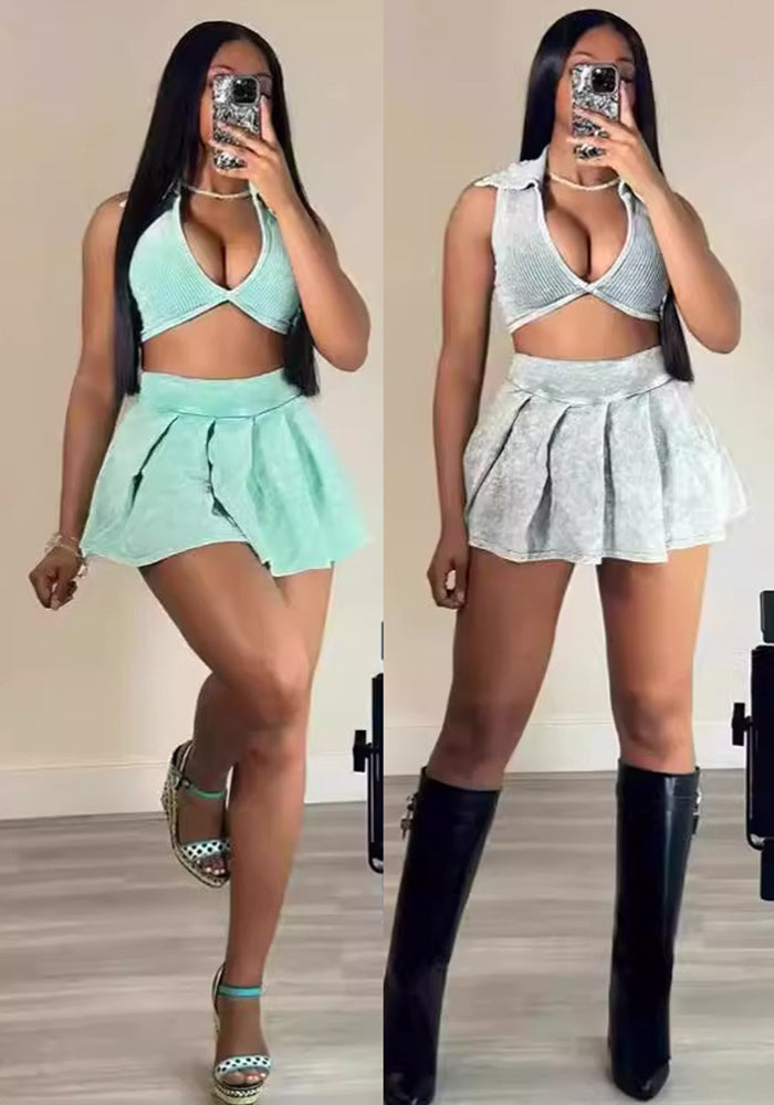 Women Sexy Summer Turndown Collar V-Neck Ribbed Short Top Mini Skirt Two-Piece Set