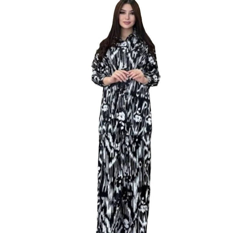 Women's Fashionable Loose Satin Printed Long-Sleeved Shirt Wide-Leg Trousers Two-Piece Set 7