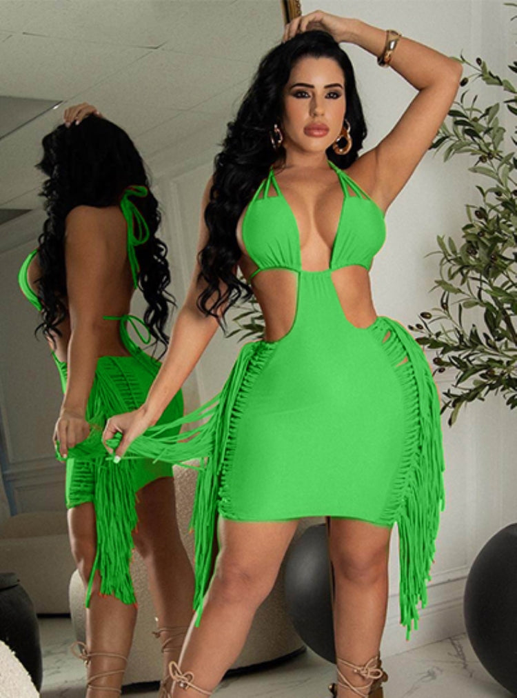Women Summer Green Sexy Halter Sleeveless Solid Tassel Mini Club Dress 6