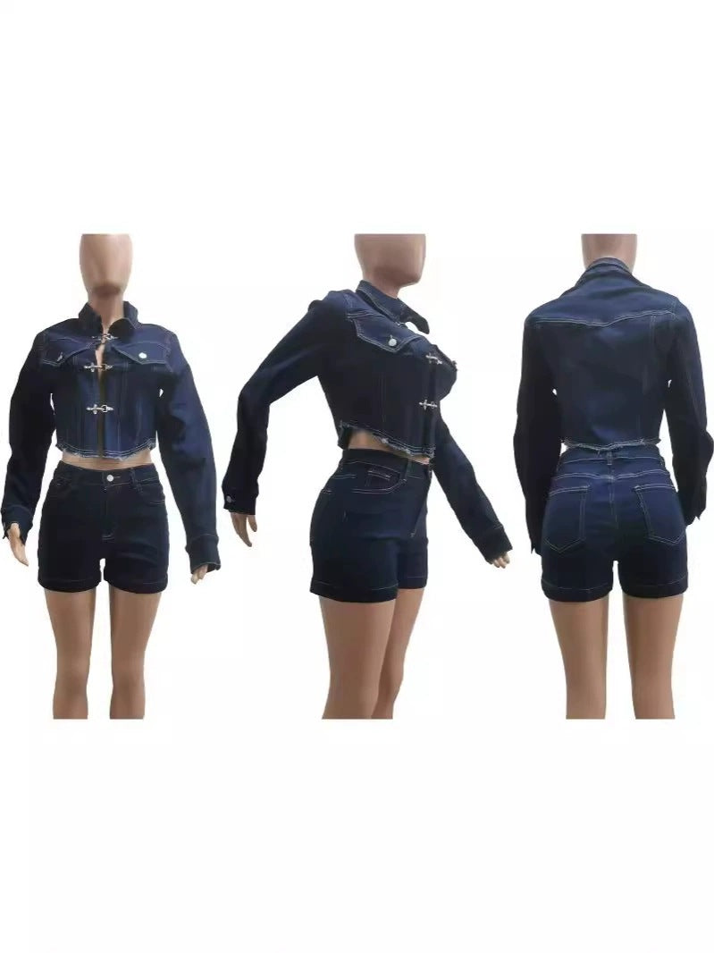 Casual Stretch Denim Long Sleeve Jacket & Shorts 2-Piece Set 4