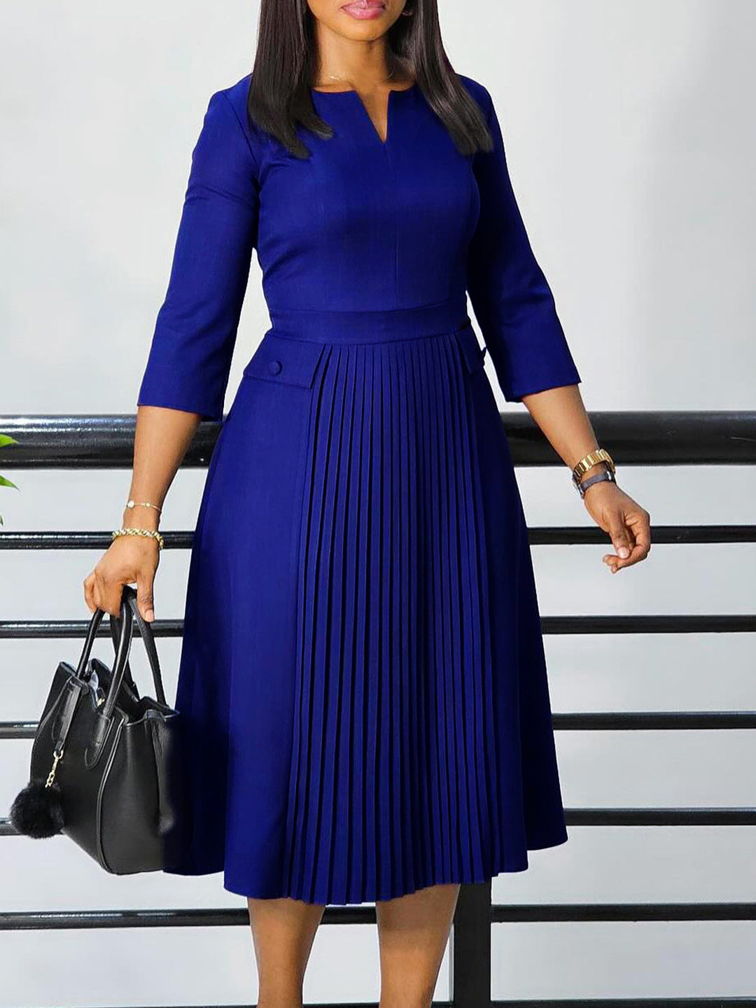Plus Size African Women Autumn Elegant Solid Pleated Dress 5