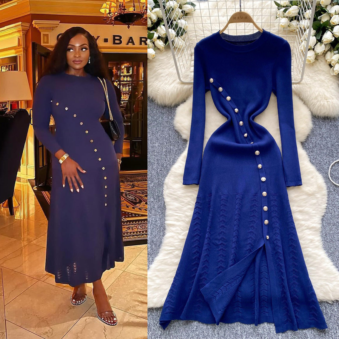 Women Fall French Elegance Metal Button Ribbed Knitting Dress