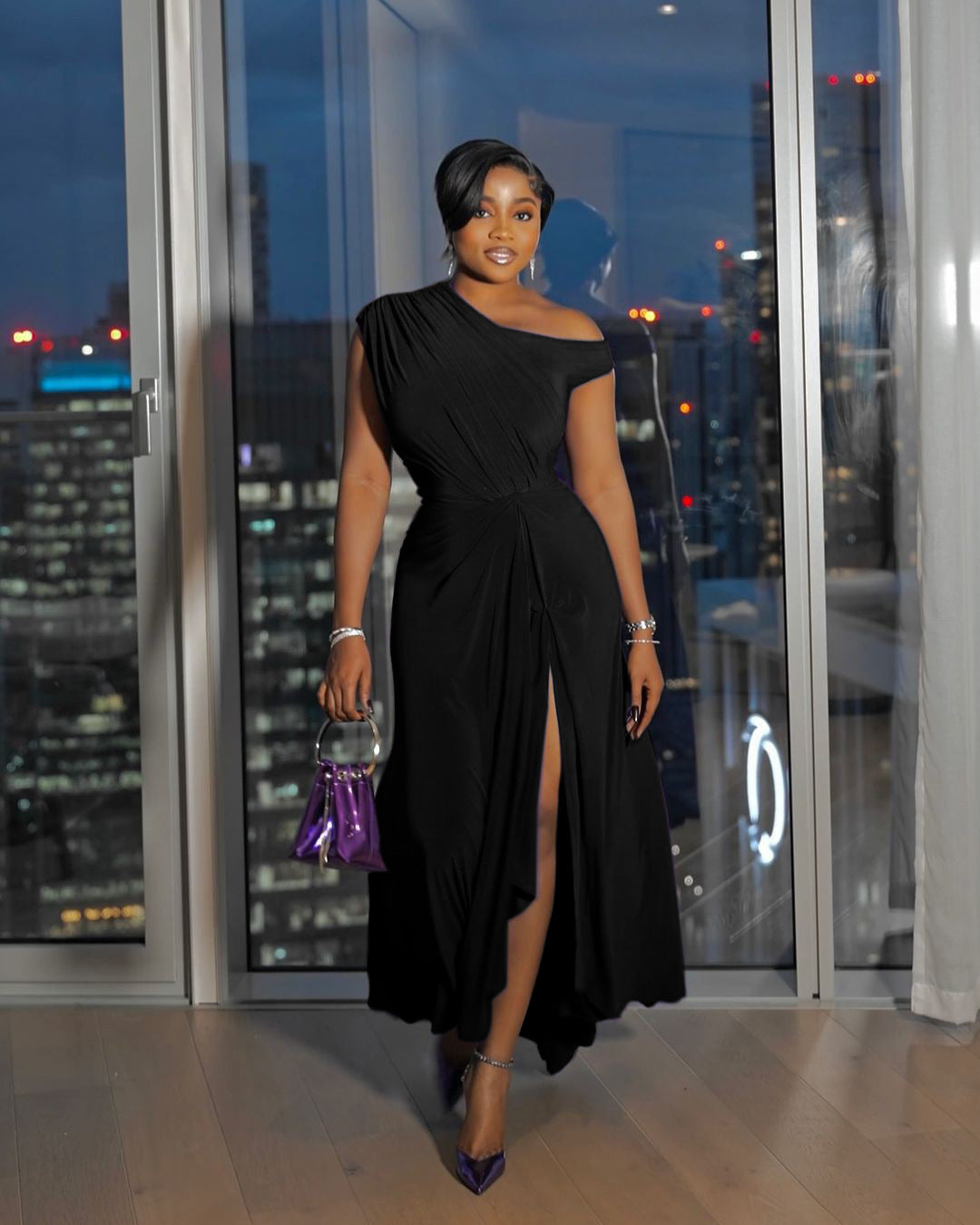 Summer African Women's Solid Color Slash Shoulder Slim Waist Evening Dress 5