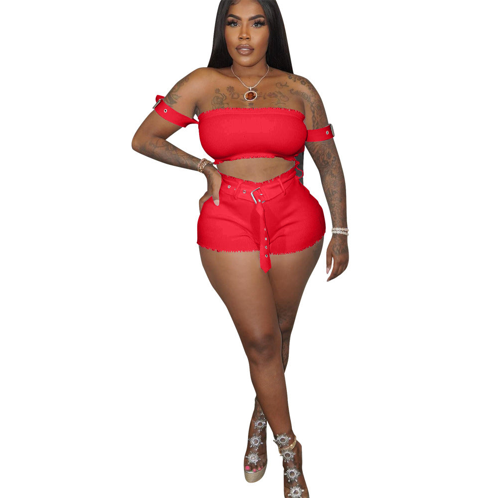 Women's Solid Color Off Shoulder Ribbed Crop Two-Piece Shorts Set with Belt 4