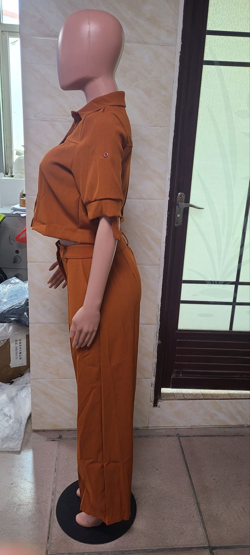 Shirt Turndown Collar Trendy Short Sleeve Shirt Top Straight Wide-Leg Trousers Career Two-Piece Set 7