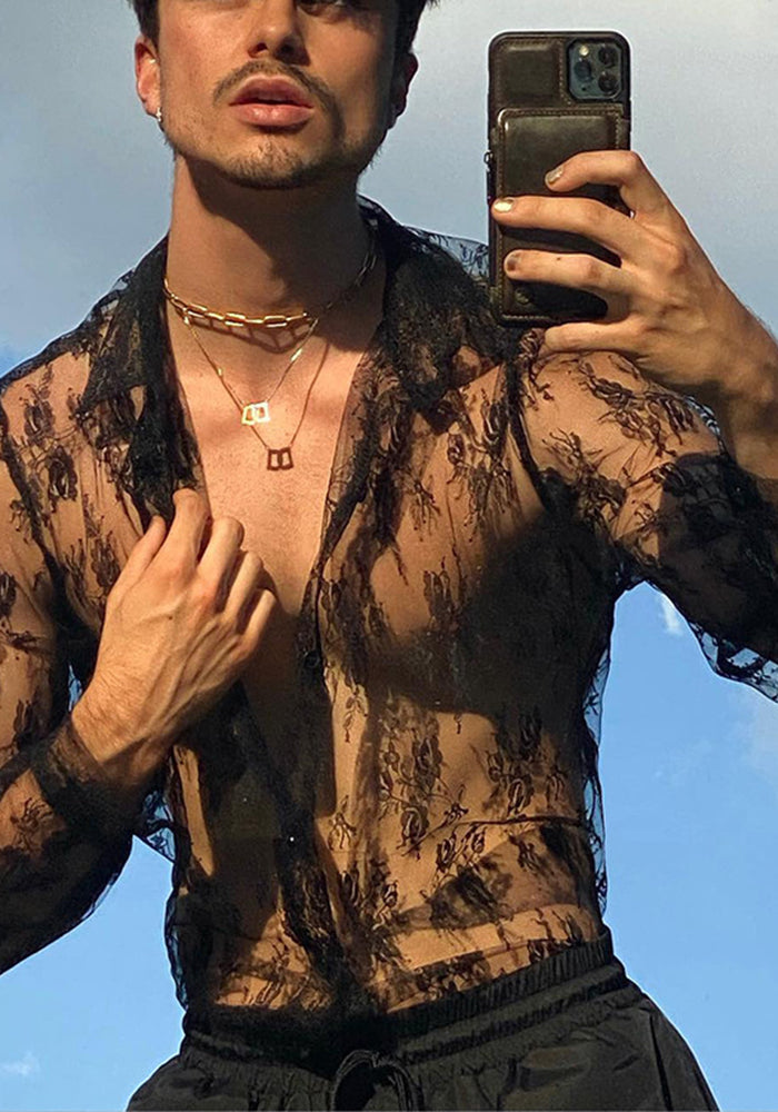 Men's See-Through long-sleeved lace shirt