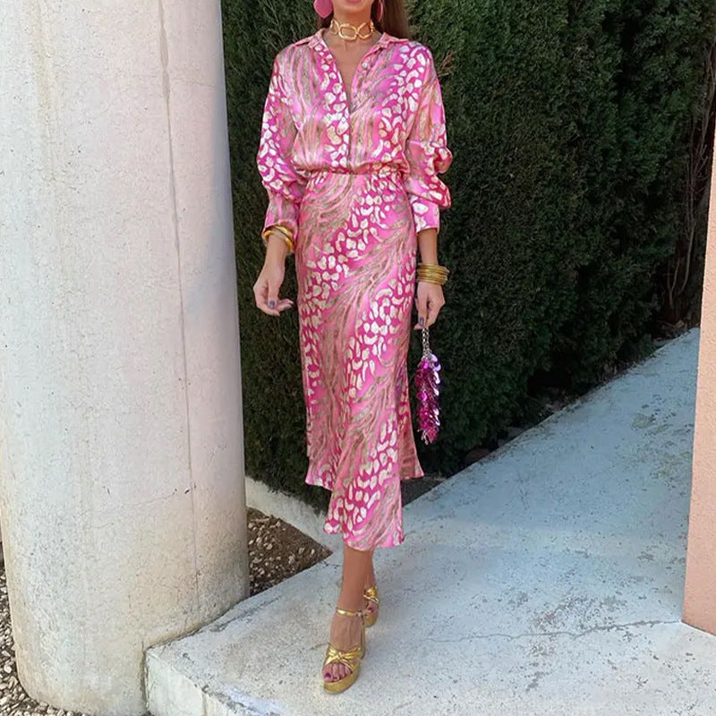 Autumn women's elegant print Turndown Collar long-sleeved shirt high waist skirt fashion two piece set 7