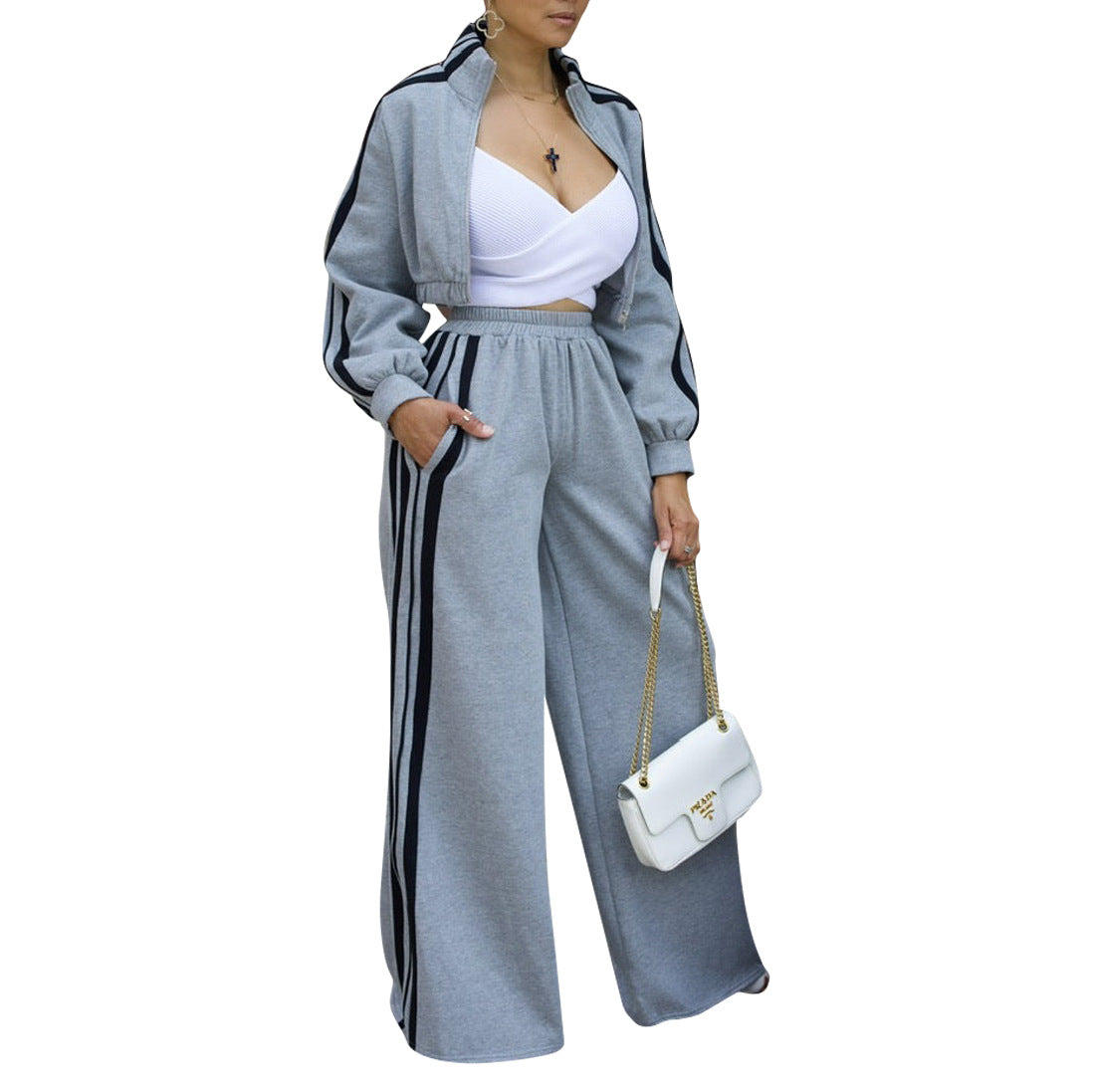 Women's Autumn Winter Sports Striped Jacket Loose Pants Two-Piece Set