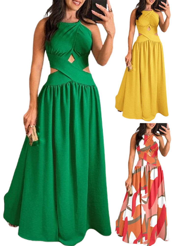 Women's Sleeveless High Waisted Low Back Lace-Up Maxi Dresses