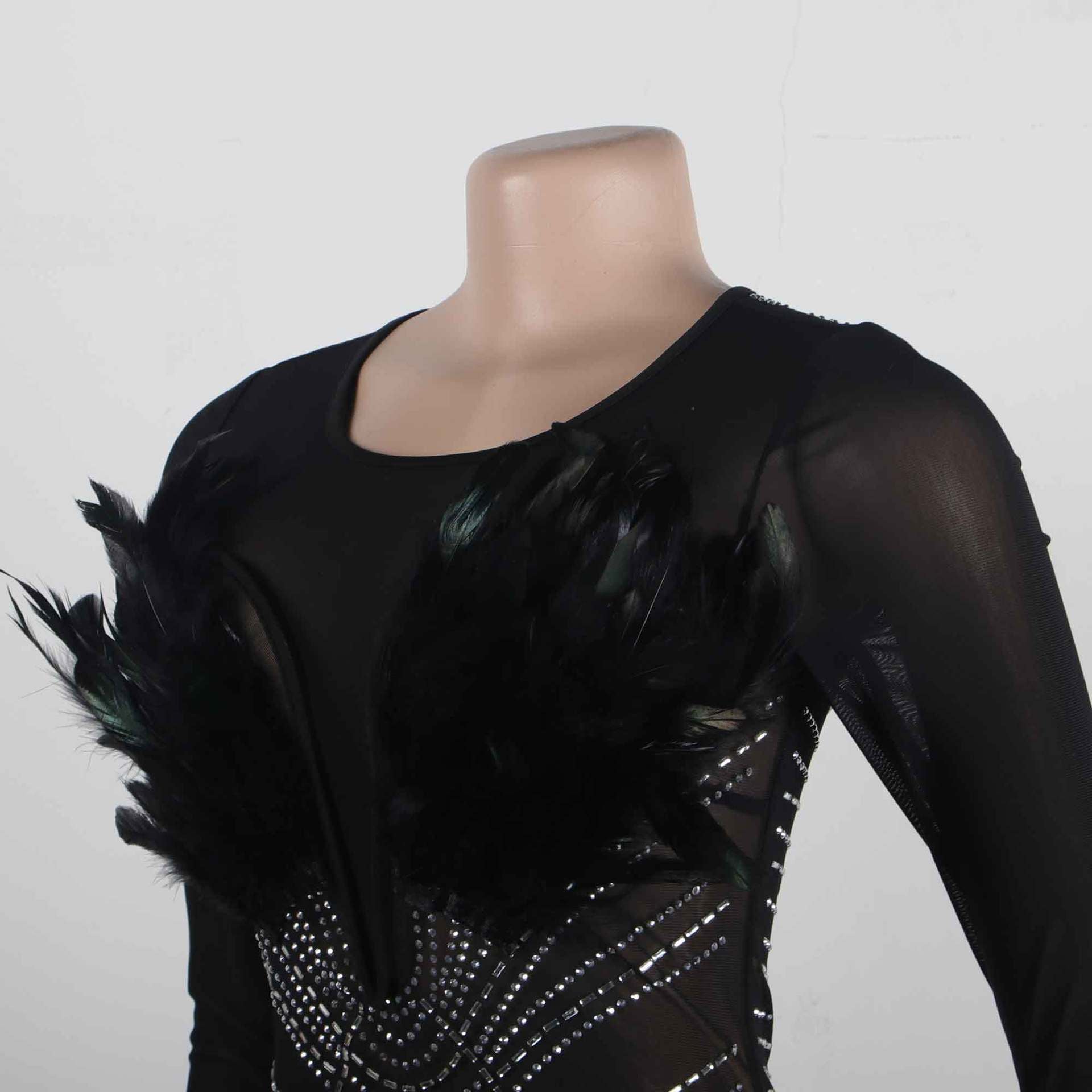 Sexy Feather Beaded See-Through Long Sleeve Patchwork Bodycon Dress 9