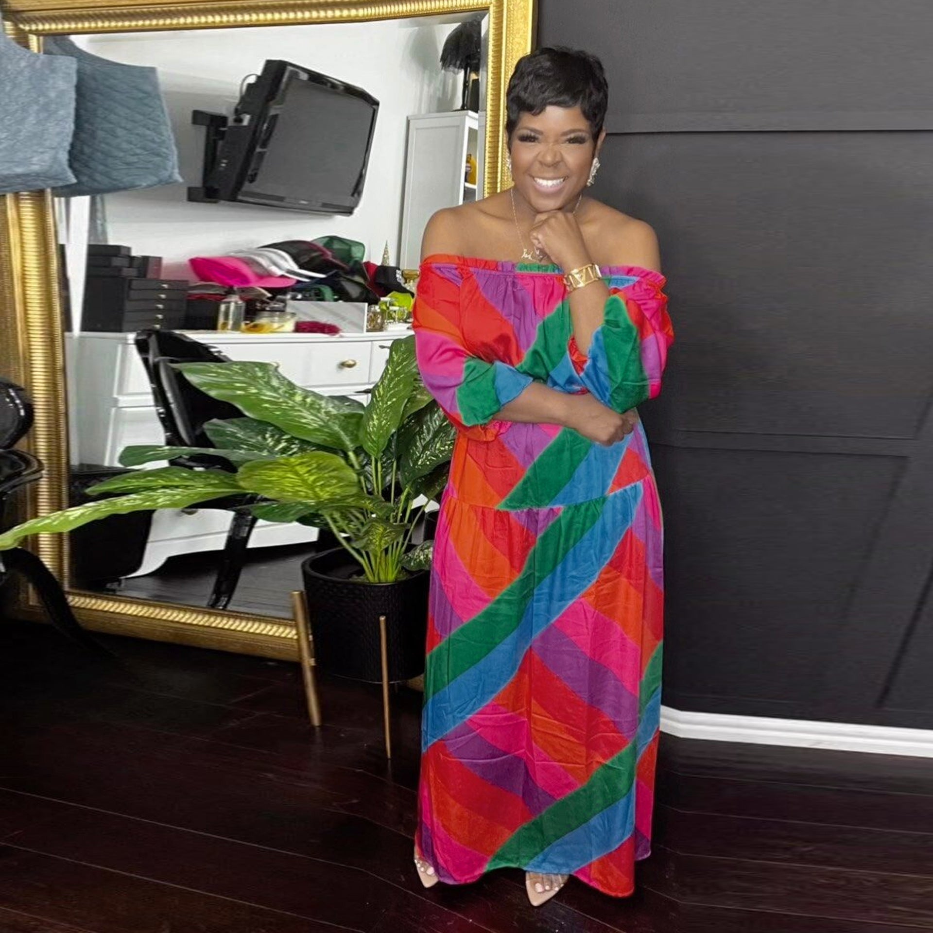 Women Sexy Print Off Shoulder Long Sleeve Dress