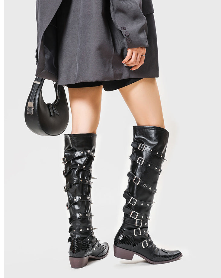 Punk Gothic Wide-Tube Leather Pointed Rivet Long Boots 7