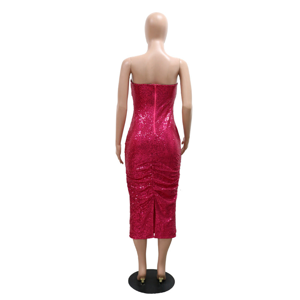 Strapless Bodycon A-Line Dress Women's Sequin Party Long Dress 13