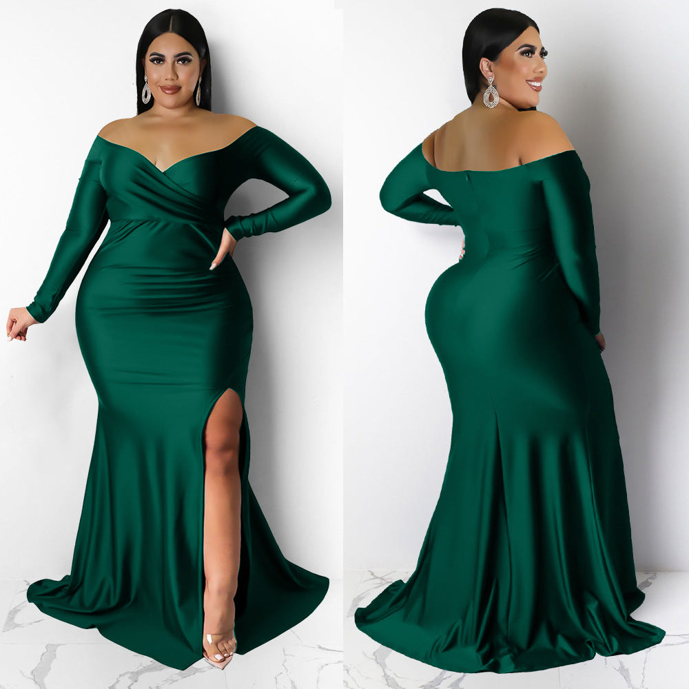 Autumn And Winter Plus Size Women'S Sexy Dress Nightclub V-Neck Solid Color Split Long Dress 7