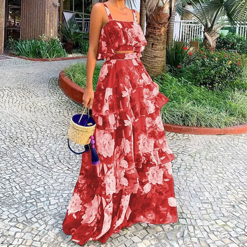 Women Beach Edge Holidays Printed Suspender Top Cascading Ruffles Skirt Two-Piece Set 3