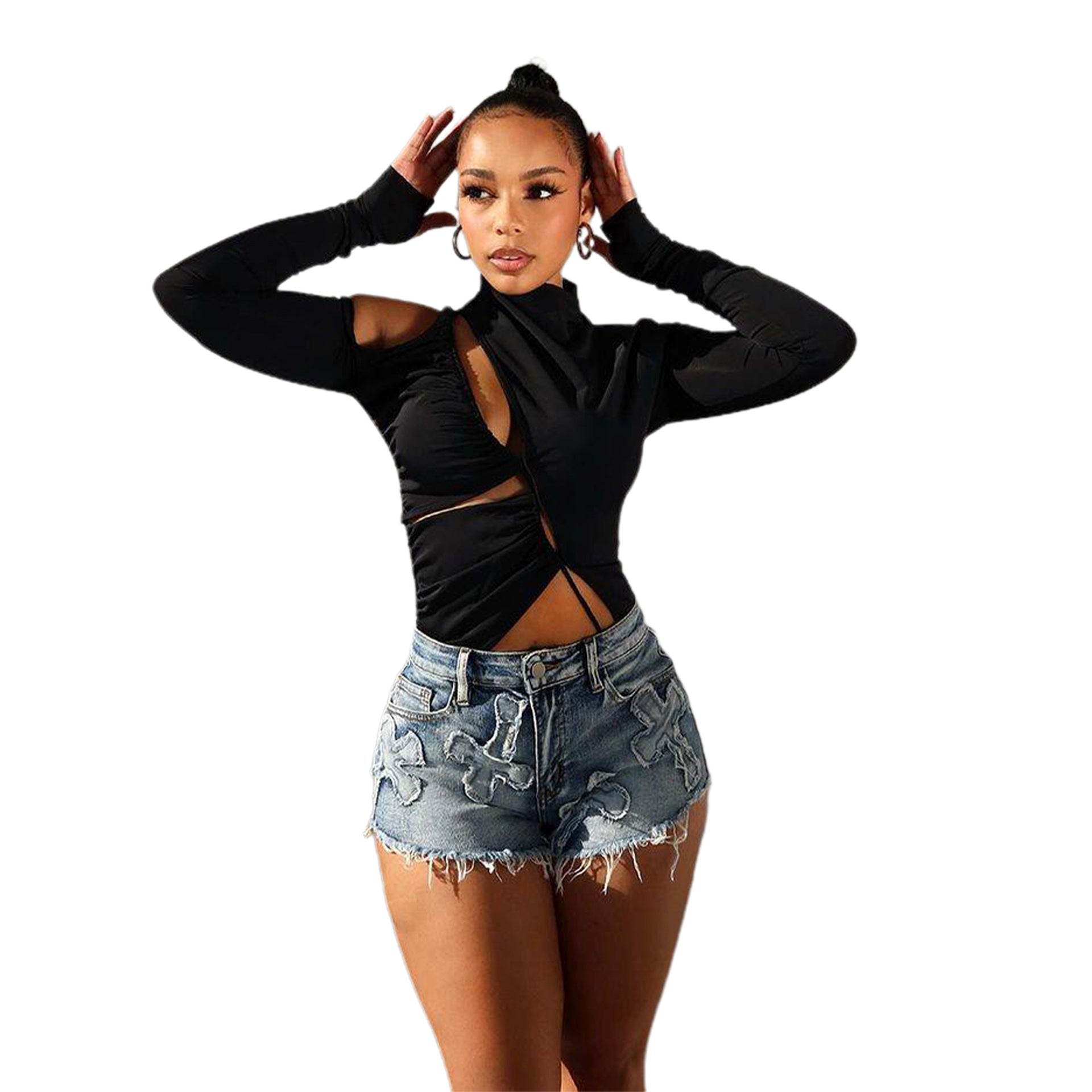 Women Embroidered Stretch Cross Denim Shorts