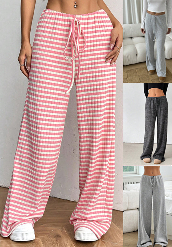 Autumn Winter Women's Casual Striped Solid Color Elastic Drawstring Cotton Straight Pants