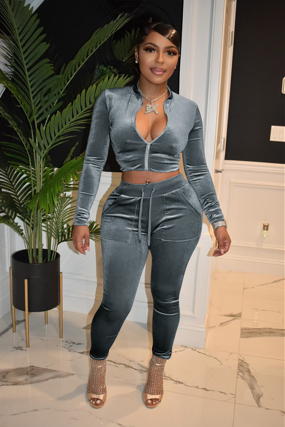 Ladies Fashion Casual Solid color Zip Long Sleeve Two Piece Tracksuit 8