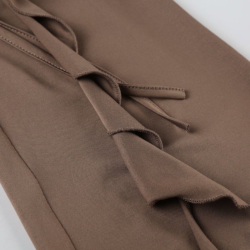 Autumn Fashion Casual Women's Solid Color Ruffled Ribbon Knitting Slim Flared Trousers 14