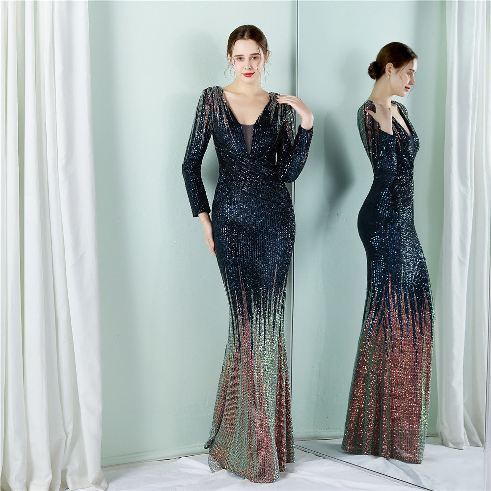 Sexy long sequins Long Sleeve Plus Size Beauty Formal Party Evening Dress 8