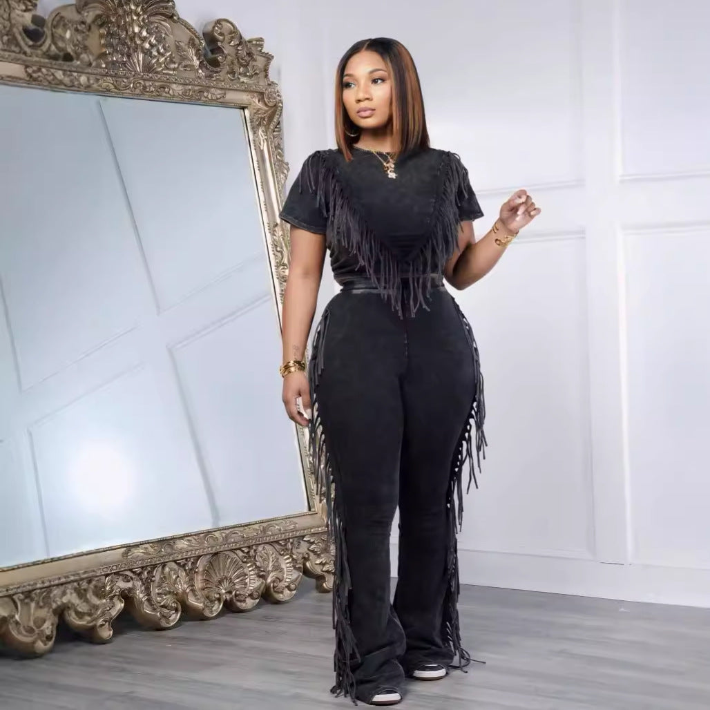 Solid Color Casual Short Sleeve Tassel Wide Leg Two-Piece Pants Set 3