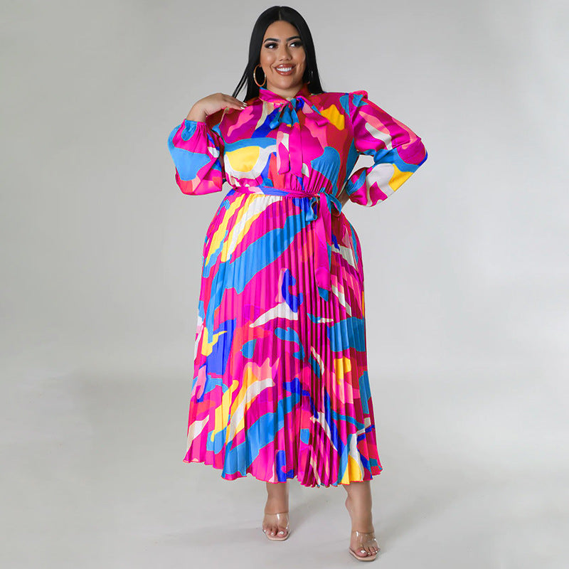 Plus Size Women Lace-Up Long Sleeve Printed Pleated Dress 22