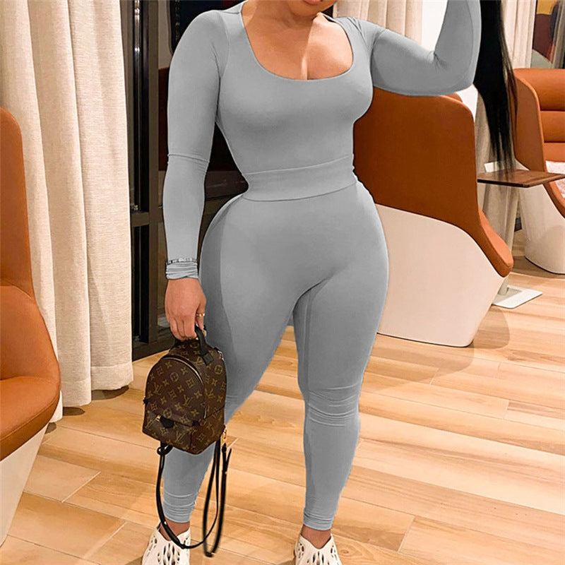 Women Soild Women Long-Sleeved Top and Casual Sports Pants Two Piece Set 3