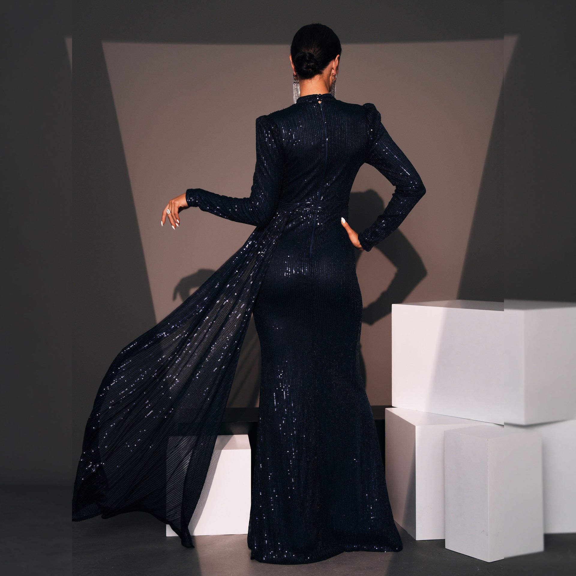 Women Long Sleeve Round Neck Sexy Sequin Formal Party Evening Dress 4