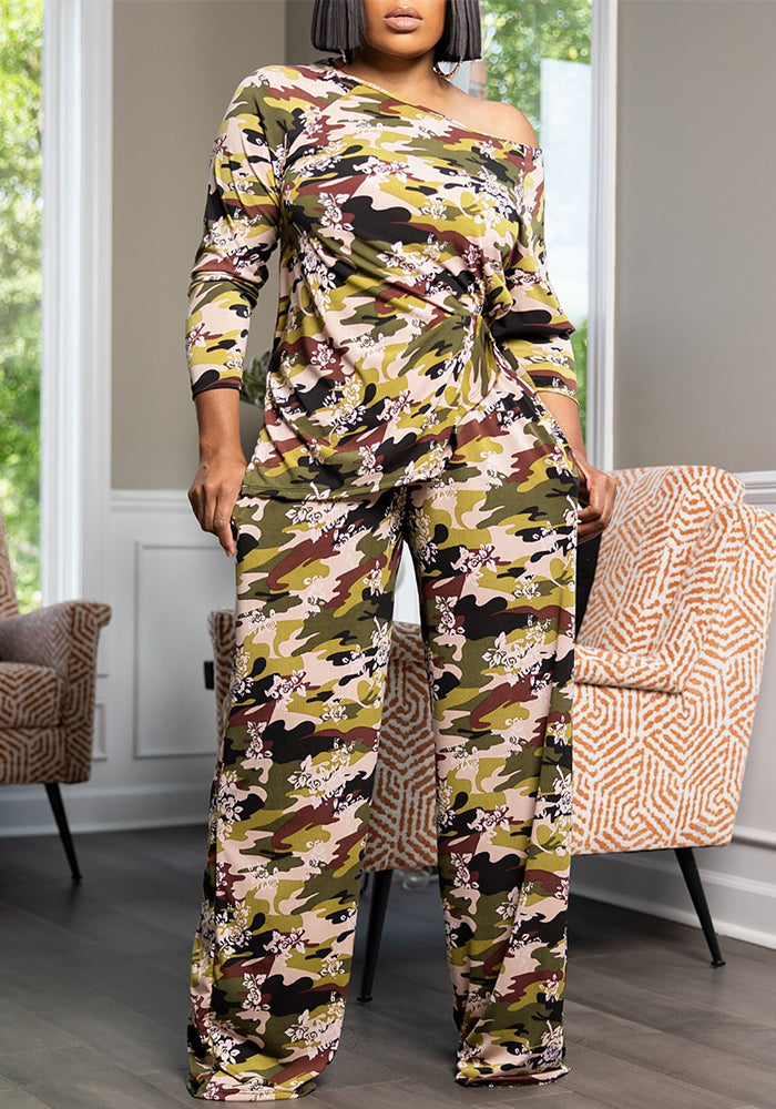 Women Style Sexy One-Shoulder Printed Long Sleeve Top and Pant Two-Piece Set