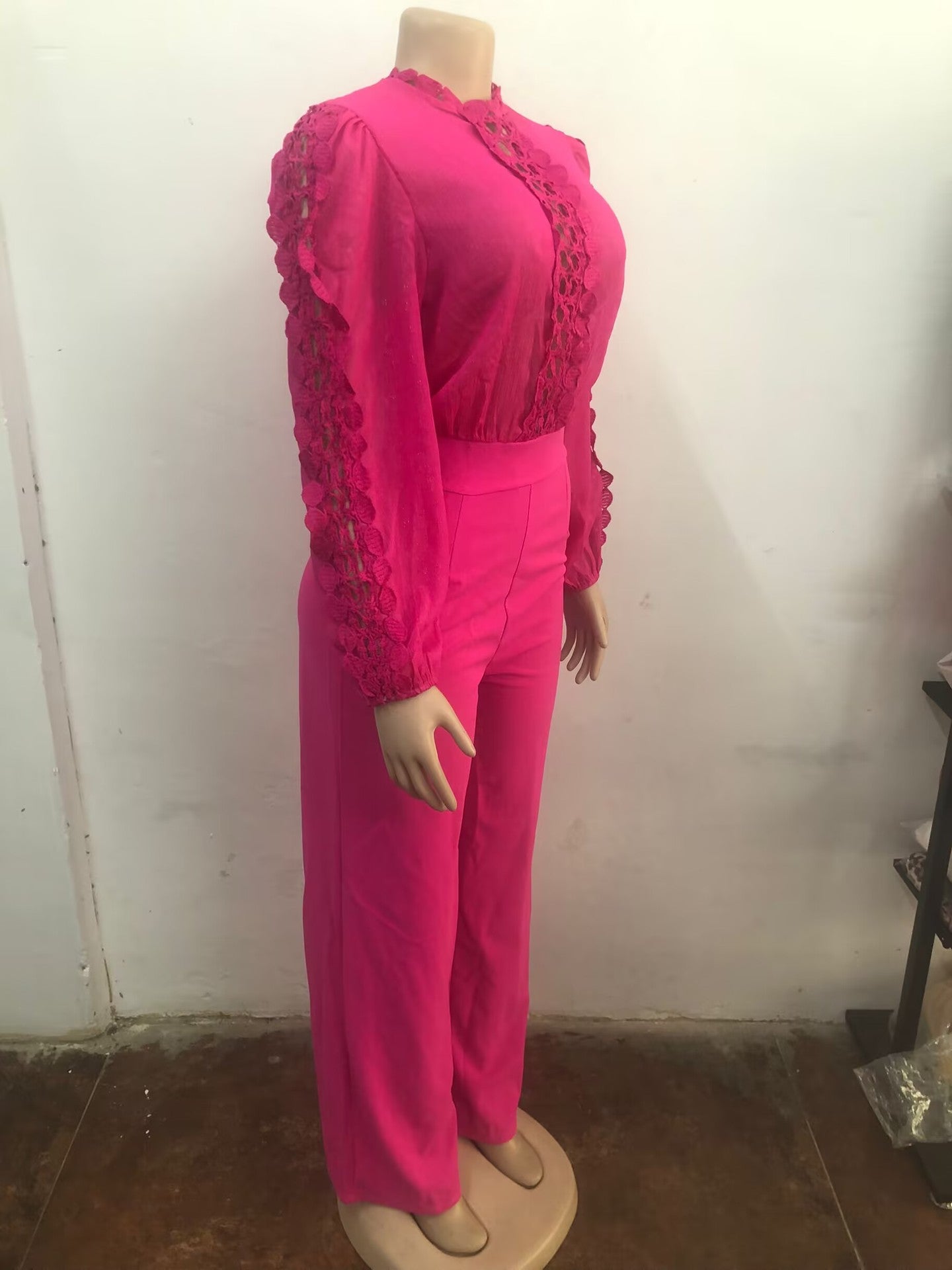 Women Elegant Lace Patchwork Lace-Up Wide-Leg Jumpsuit 10