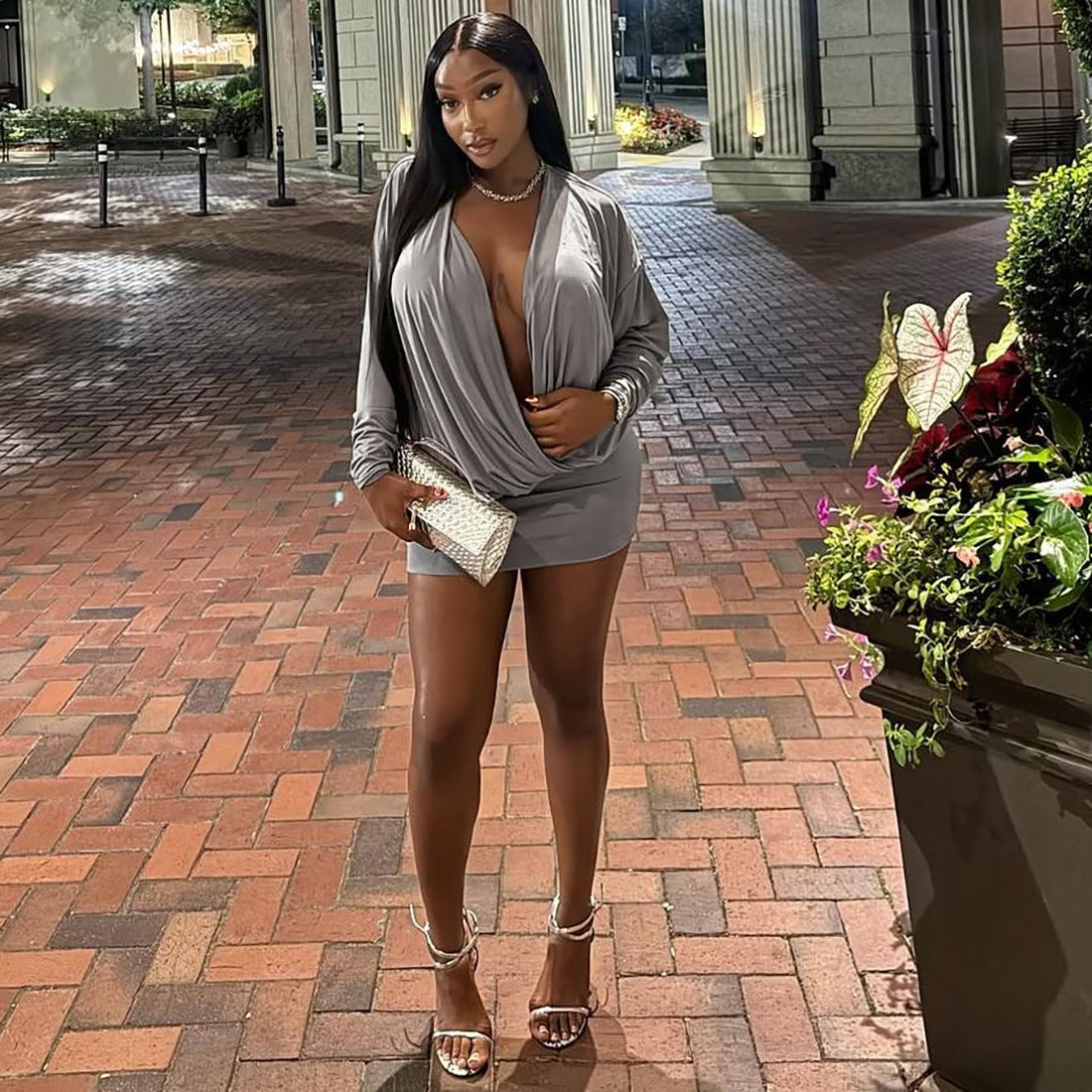 Autumn Outfit Sexy Fashion Deep V-Neck Long Sleeve Bodycon Dress 10