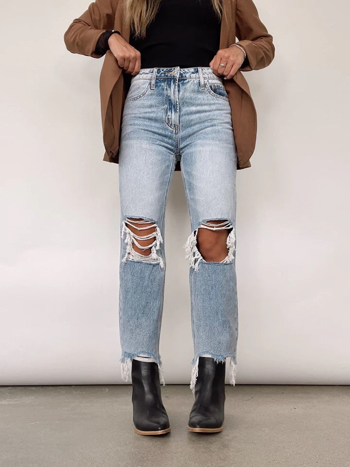 Women Vintage High Waist Ripped Straight Denim Pants 3