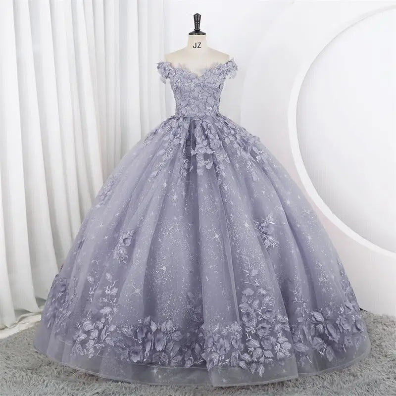 Women Puffy Tulle Embroidered Off-Shoulder Performance Costume Ball Gown 11