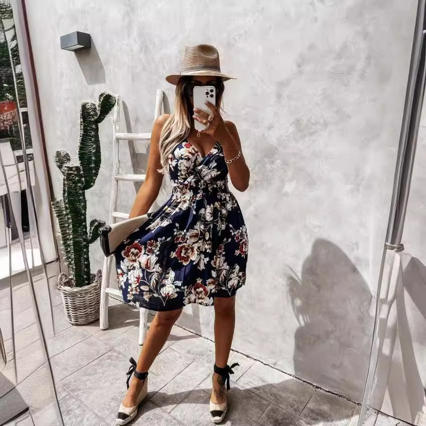 Summer Fashion V-Neck Floral Strap Slim Waist Casual Dress 8