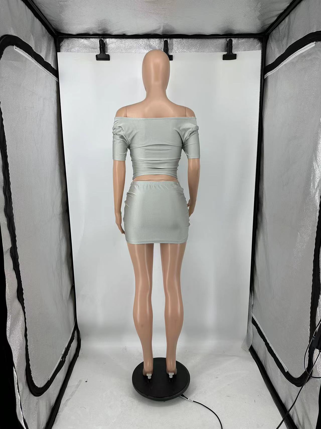 Women's Summer V-Neck Off Shoulder Short Sleeve Crop Top Skirt Slim Fit Elastic Casual Two Piece Set 10