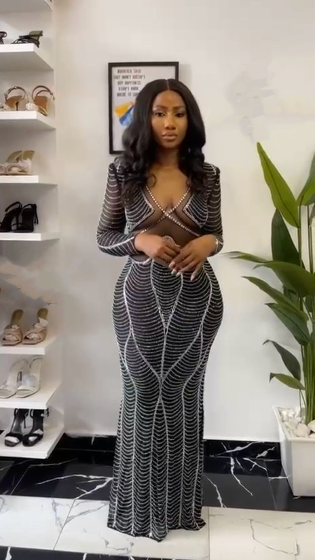 Women Beaded V Neck Sexy Bodycon Dress