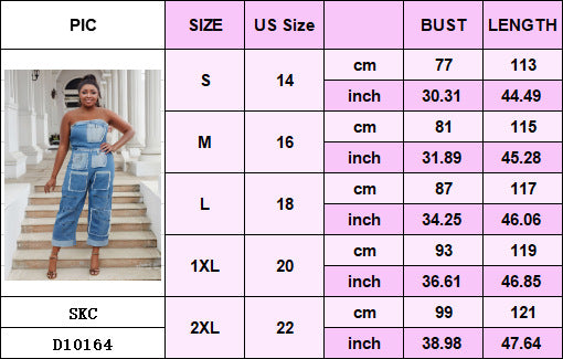 Plus Size Strapless Multi Pocket Patch Cargo Denim Jumpsuit 8
