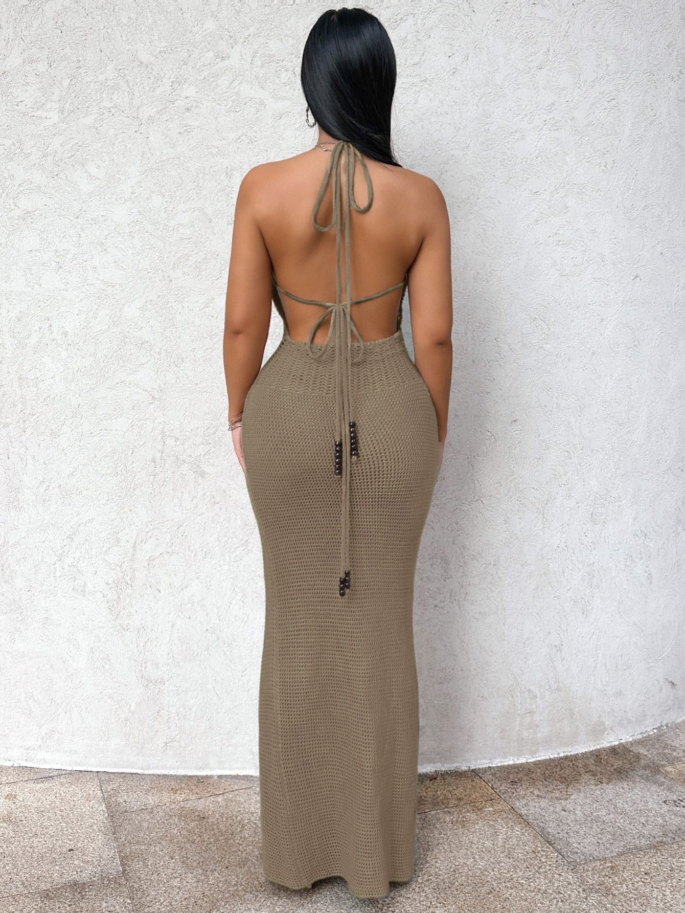 Women's Summer Sexy V-Neck Halter Neck Low Back Knitted Long Dress 4
