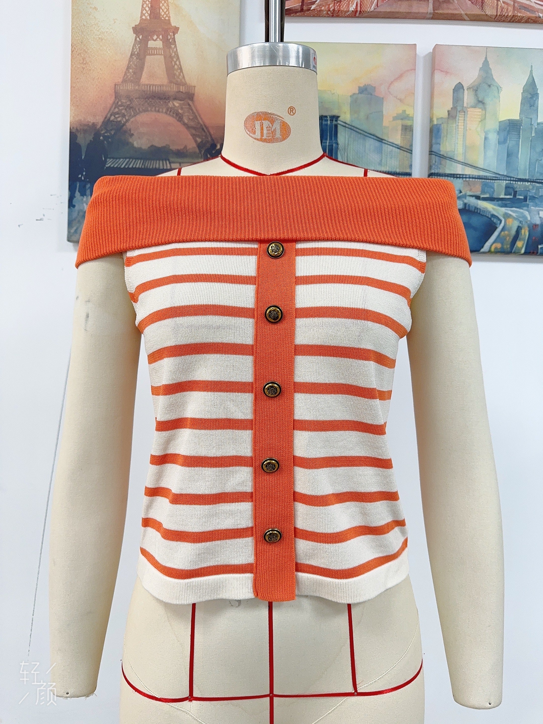 Spring/Summer Women's Fashion Long-Sleeve Striped Off-Shoulder Knit Top 40