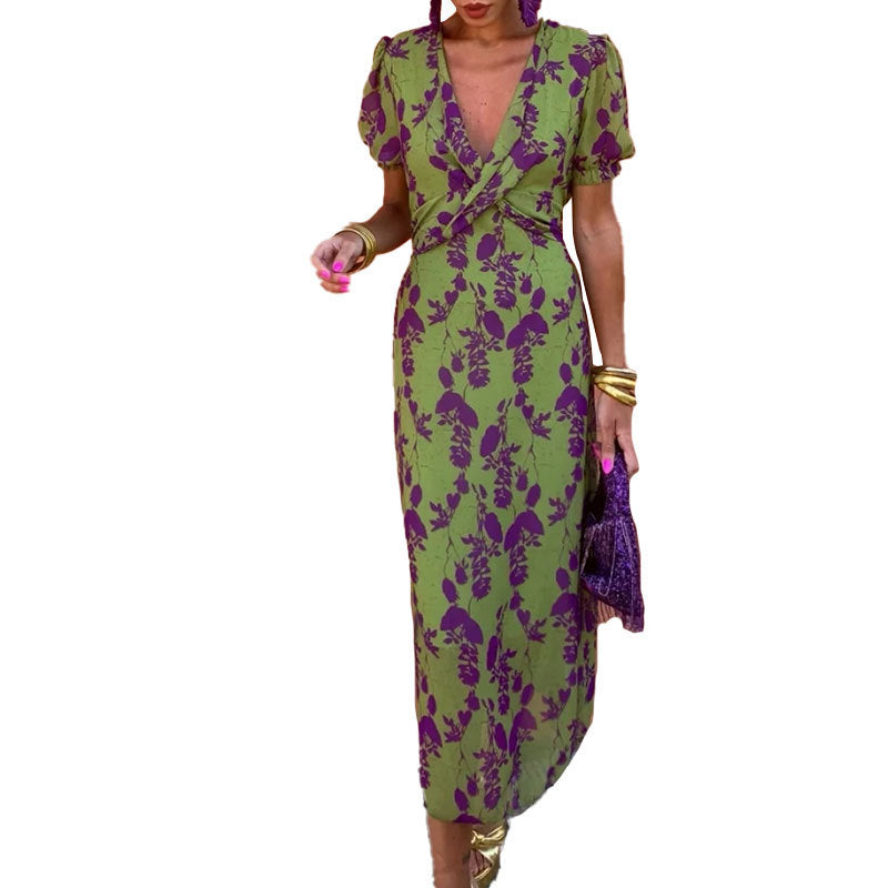 Women's fashion printed V-neck long dress 6