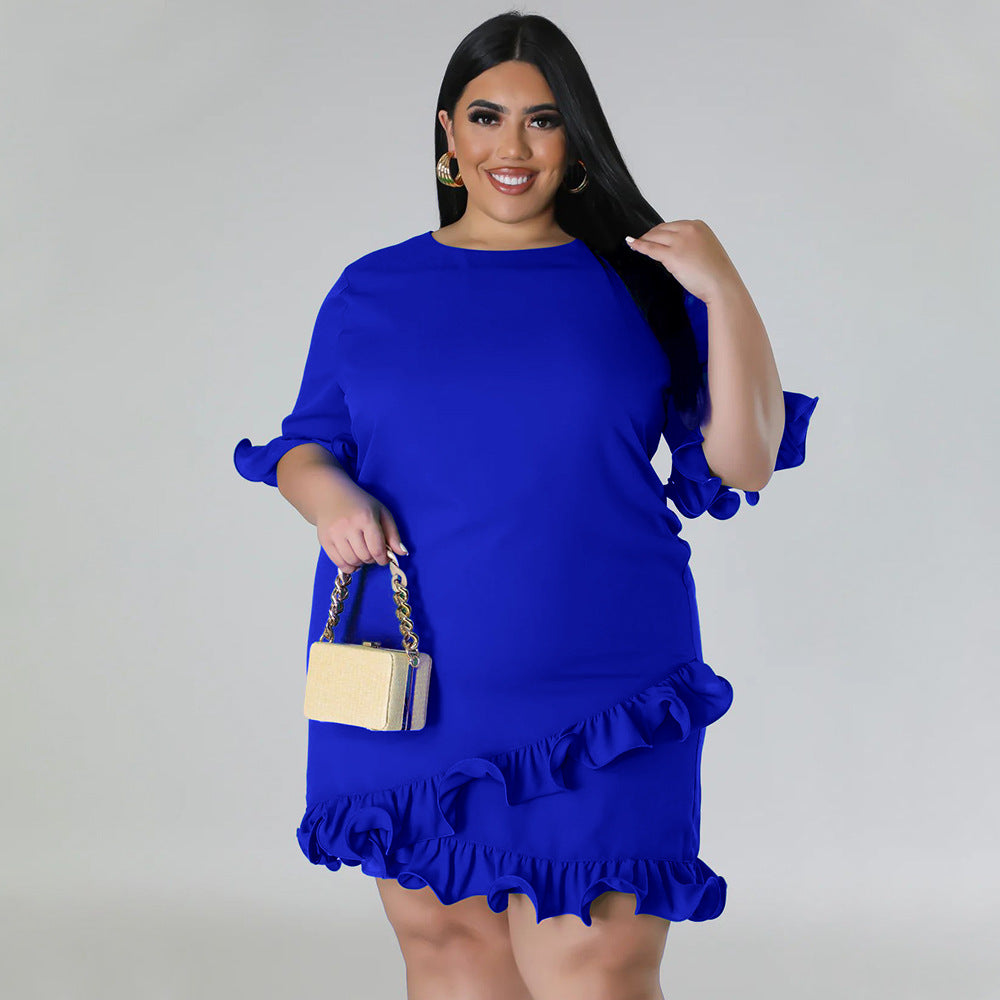 Plus Size Women's Fashion Fit Round Neck Solid Ruffle Casual Dress 6