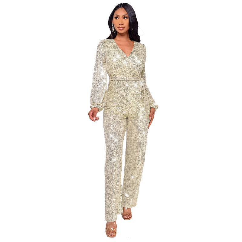 Fashion Casual Long Sleeve Belt Sequin Jumpsuit Women's Clothing 10