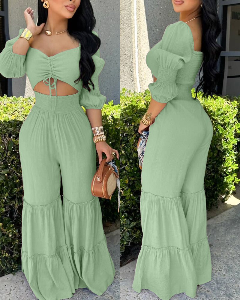 Women Square Neck Drawstring Puff Sleeve Wide Leg Jumpsuit 6