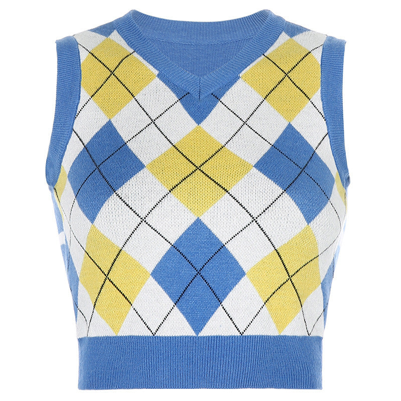 Women Solid Plaid Sleeveless V-Neck Sweater 24