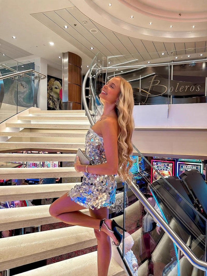 Women Sequin Strap Dress Formal Party Party Dance Backless Bodycon Dress 4