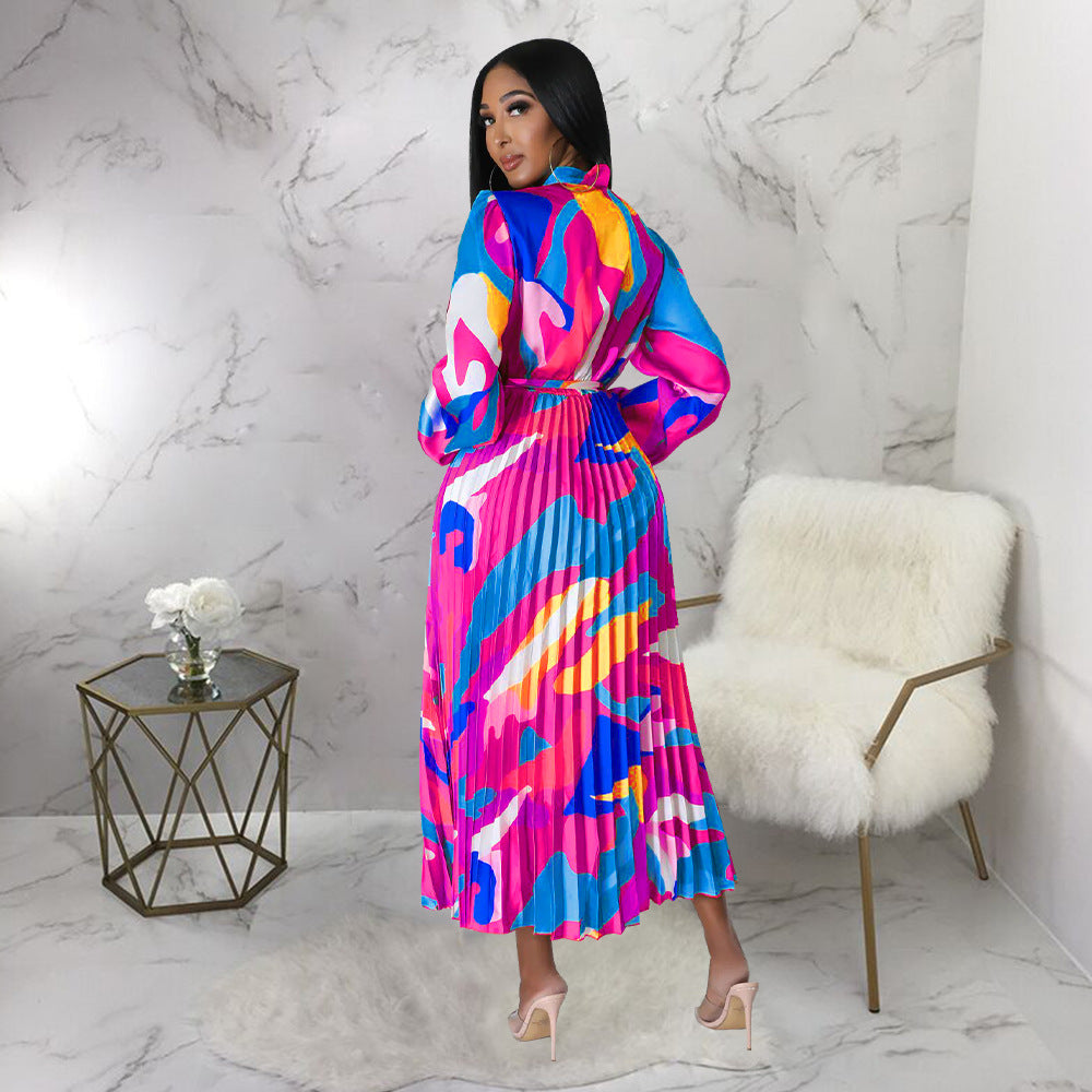 Women's Tie Long Sleeve Printed Pleated Dress 30