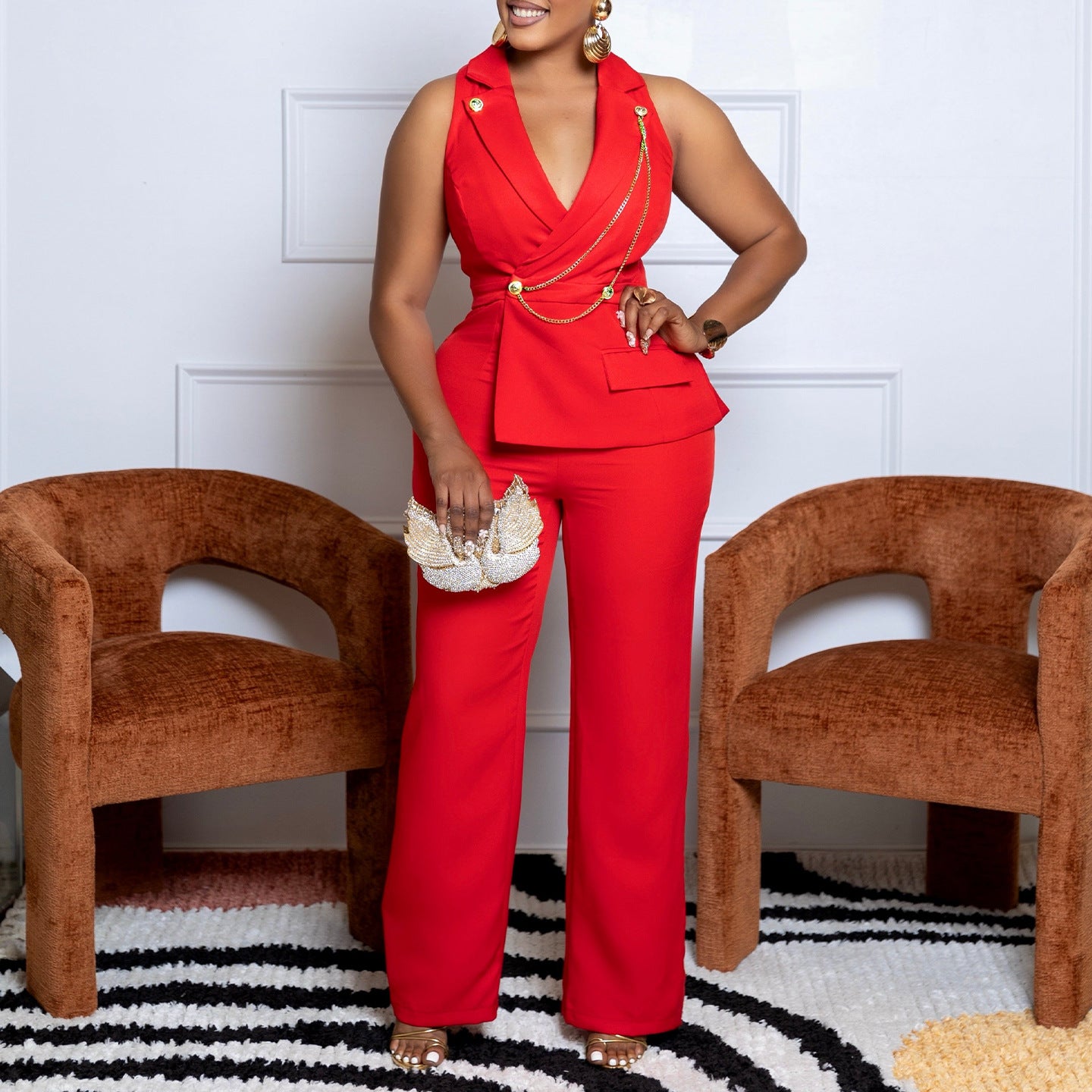 Women's Turndown Collar Sexy Fashion Chain Casual Wide Leg Africa Jumpsuit 3