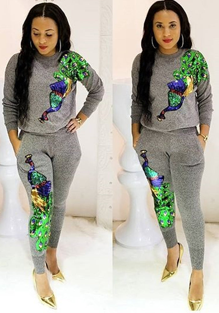 Women's Autumn and Winter Fashionable Peacock Sequin Patchwork Two-piece Pants Set